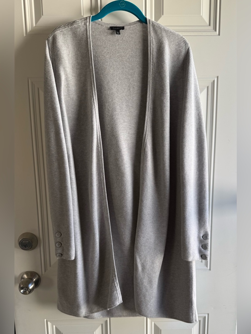 Talbots Light Gray Open-Front Long Cardigan with Button Cuffs Large